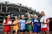 29 July 2025; In attendance during a photocall at Croke Park in Dublin ahead of the 2025 TG4 All-Ireland Ladies Football Championship Finals are, from left, Louth captain Áine Breen, Antrim captain Bronagh Devlin, Dublin captain Carla Rowe, Meath captain Aoibhín Cleary, Laois captain Andrea Moran and Tyrone captain Aoibhinn McHugh. The 2025 TG4 All-Ireland Ladies Football Championship Finals take place at Croke Park this Sunday. Photo by Ramsey Cardy/Sportsfile