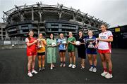 29 July 2025; In attendance during a photocall at Croke Park in Dublin ahead of the 2025 TG4 All-Ireland Ladies Football Championship Finals are, from left, Louth captain Áine Breen, Antrim captain Bronagh Devlin, TG4 CEO Deirdre Ní Choistín, Dublin captain Carla Rowe, Meath captain Aoibhín Cleary, LGFA President Trina Murray, Laois captain Andrea Moran and Tyrone captain Aoibhinn McHugh. The 2025 TG4 All-Ireland Ladies Football Championship Finals take place at Croke Park this Sunday. Photo by Ramsey Cardy/Sportsfile