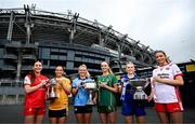 29 July 2025; In attendance during a photocall at Croke Park in Dublin ahead of the 2025 TG4 All-Ireland Ladies Football Championship Finals are, from left, Louth captain Áine Breen, Antrim captain Bronagh Devlin, Dublin captain Carla Rowe, Meath captain Aoibhín Cleary, Laois captain Andrea Moran and Tyrone captain Aoibhinn McHugh. The 2025 TG4 All-Ireland Ladies Football Championship Finals take place at Croke Park this Sunday. Photo by Ramsey Cardy/Sportsfile