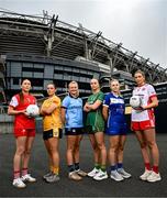 29 July 2025; In attendance during a photocall at Croke Park in Dublin ahead of the 2025 TG4 All-Ireland Ladies Football Championship Finals are, from left, Louth captain Áine Breen, Antrim captain Bronagh Devlin, Dublin captain Carla Rowe, Meath captain Aoibhín Cleary, Laois captain Andrea Moran and Tyrone captain Aoibhinn McHugh. The 2025 TG4 All-Ireland Ladies Football Championship Finals take place at Croke Park this Sunday. Photo by Ramsey Cardy/Sportsfile