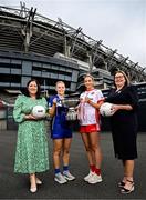 29 July 2025; In attendance during a photocall at Croke Park in Dublin ahead of the 2025 TG4 All-Ireland Ladies Football Championship Finals are, from left, TG4 CEO Deirdre Ní Choistín, Laois captain Andrea Moran, Tyrone captain Aoibhinn McHugh and LGFA President Trina Murray. The 2025 TG4 All-Ireland Ladies Football Championship Finals take place at Croke Park this Sunday. Photo by Ramsey Cardy/Sportsfile