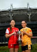 29 July 2025; In attendance during a photocall at Croke Park in Dublin ahead of the 2025 TG4 All-Ireland Ladies Football Championship Finals Louth captain Áine Breen, left, and Antrim captain Bronagh Devlin. The 2025 TG4 All-Ireland Ladies Football Championship Finals take place at Croke Park this Sunday. Photo by Ramsey Cardy/Sportsfile