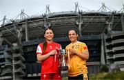 29 July 2025; In attendance during a photocall at Croke Park in Dublin ahead of the 2025 TG4 All-Ireland Ladies Football Championship Finals Louth captain Áine Breen, left, and Antrim captain Bronagh Devlin. The 2025 TG4 All-Ireland Ladies Football Championship Finals take place at Croke Park this Sunday. Photo by Ramsey Cardy/Sportsfile