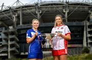 29 July 2025; In attendance during a photocall at Croke Park in Dublin ahead of the 2025 TG4 All-Ireland Ladies Football Championship Finals are Laois captain Andrea Moran, left, and Tyrone captain Aoibhinn McHugh. The 2025 TG4 All-Ireland Ladies Football Championship Finals take place at Croke Park this Sunday. Photo by Ramsey Cardy/Sportsfile