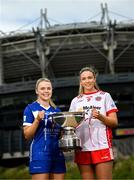 29 July 2025; In attendance during a photocall at Croke Park in Dublin ahead of the 2025 TG4 All-Ireland Ladies Football Championship Finals are Laois captain Andrea Moran, left, and Tyrone captain Aoibhinn McHugh. The 2025 TG4 All-Ireland Ladies Football Championship Finals take place at Croke Park this Sunday. Photo by Ramsey Cardy/Sportsfile