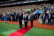 27 July 2025; President of Ireland Michael D Higgins and Uachtarán Chumann Lúthchleas Gael Jarlath Burns, left, before the GAA Football All-Ireland Senior Championship final match between Kerry and Donegal at Croke Park in Dublin. Photo by Stephen McCarthy/Sportsfile
