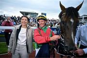 29 July 2025; Dunum with jockey Seamie Heffernan and trainer Natalia Lupini after winning the COLM QUINN BMW Mile Handicap during day two of the Galway Races Summer Festival at Ballybrit Racecourse in Galway. Photo by David Fitzgerald/Sportsfile