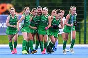 29 July 2025; Ireland players celebrate their second goal, scored by Mikayla Power, centre, during the women's hockey international match between Ireland and Spain at the Sport Ireland Campus in Dublin. Photo by Ben McShane/Sportsfile