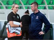 29 July 2025; Shamrock Rovers interim head coach Stephanie Zambra and Waterford manager Gary Hunt before the SSE Airtricity Women's Premier Division match between Shamrock Rovers and Waterford at Tallaght Stadium in Dublin. Photo by Thomas Flinkow/Sportsfile