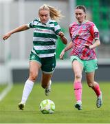 29 July 2025; Emily Corbet of Shamrock Rovers in action against Danielle Burke of Waterford during the SSE Airtricity Women's Premier Division match between Shamrock Rovers and Waterford at Tallaght Stadium in Dublin. Photo by Thomas Flinkow/Sportsfile