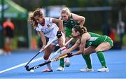 29 July 2025; Berta Agullo of Spain in action against Katie McKee of Ireland during the women's hockey international match between Ireland and Spain at the Sport Ireland Campus in Dublin. Photo by Ben McShane/Sportsfile