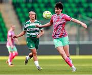 29 July 2025; Olivia Shannon of Waterford in action against Claire O'Reilly of Shamrock Rovers during the SSE Airtricity Women's Premier Division match between Shamrock Rovers and Waterford at Tallaght Stadium in Dublin. Photo by Thomas Flinkow/Sportsfile