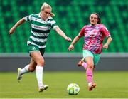 29 July 2025; Emily Corbet of Shamrock Rovers in action against Jessica Lawlor of Waterford during the SSE Airtricity Women's Premier Division match between Shamrock Rovers and Waterford at Tallaght Stadium in Dublin. Photo by Thomas Flinkow/Sportsfile