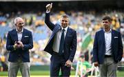 27 July 2025; Members of the 2000 All-Ireland winning Kerry football jubilee team Tomás Ó Sé, centre, Mike McCarthy, left, and Éamonn Fitzmaurice, who were honoured before the GAA Football All-Ireland Senior Championship final match between Kerry and Donegal at Croke Park in Dublin. Photo by Seb Daly/Sportsfile