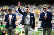 27 July 2025; Members of the 2000 All-Ireland winning Kerry football jubilee team, Tom O'Sullivan, centre, Éamonn Fitzmaurice, left, and Darragh Ó Sé, who were honoured before the GAA Football All-Ireland Senior Championship final match between Kerry and Donegal at Croke Park in Dublin. Photo by Seb Daly/Sportsfile