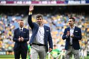 27 July 2025; Members of the 2000 All-Ireland winning Kerry football jubilee team, Éamonn Fitzmaurice, centre, Tomás Ó Sé, left, and Tom O'Sullivan, right, who were honoured before the GAA Football All-Ireland Senior Championship final match between Kerry and Donegal at Croke Park in Dublin. Photo by Seb Daly/Sportsfile