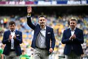 27 July 2025; Members of the 2000 All-Ireland winning Kerry football jubilee team, Tom O'Sullivan, centre, Éamonn Fitzmaurice, left, and Darragh Ó Sé, who were honoured before the GAA Football All-Ireland Senior Championship final match between Kerry and Donegal at Croke Park in Dublin. Photo by Seb Daly/Sportsfile