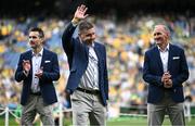 27 July 2025; Members of the 2000 All-Ireland winning Kerry football jubilee team, Darragh Ó Sé, centre, Tom O'Sullivan, left, and Donal Daly, right, who were honoured before the GAA Football All-Ireland Senior Championship final match between Kerry and Donegal at Croke Park in Dublin. Photo by Seb Daly/Sportsfile