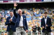 27 July 2025; Members of the 2000 All-Ireland winning Kerry football jubilee team Donal Daly, centre, Darragh Ó Sé, left, and Luke Mac Gearailt, representing Aodán Mac Gearailt, right, who were honoured before the GAA Football All-Ireland Senior Championship final match between Kerry and Donegal at Croke Park in Dublin. Photo by Seb Daly/Sportsfile
