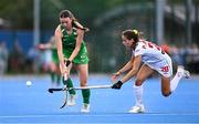 29 July 2025; Emily Kealy of Ireland in action against Paula Jimenez of Spain during the women's hockey international match between Ireland and Spain at the Sport Ireland Campus in Dublin. Photo by Ben McShane/Sportsfile