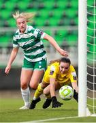 29 July 2025; Waterford goalkeeper Maeve Williams in action against Emily Corbet of Shamrock Rovers during the SSE Airtricity Women's Premier Division match between Shamrock Rovers and Waterford at Tallaght Stadium in Dublin. Photo by Thomas Flinkow/Sportsfile