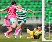 29 July 2025; Waterford goalkeeper Maeve Williams in action against Emily Corbet of Shamrock Rovers during the SSE Airtricity Women's Premier Division match between Shamrock Rovers and Waterford at Tallaght Stadium in Dublin. Photo by Thomas Flinkow/Sportsfile