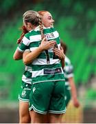 29 July 2025; Anna Butler of Shamrock Rovers, front, celebrates with teammate Fiona Owens after scoring her side's second goal during the SSE Airtricity Women's Premier Division match between Shamrock Rovers and Waterford at Tallaght Stadium in Dublin. Photo by Thomas Flinkow/Sportsfile