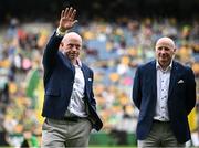 27 July 2025; Seamus Moynihan, left, and Declan O'Keeffe of the 2000 All-Ireland winning Kerry football jubilee team who were honoured before the GAA Football All-Ireland Senior Championship final match between Kerry and Donegal at Croke Park in Dublin. Photo by Seb Daly/Sportsfile