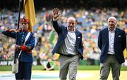 27 July 2025; Seamus Moynihan, centre, and Declan O'Keeffe of the 2000 All-Ireland winning Kerry football jubilee team who were honoured before the GAA Football All-Ireland Senior Championship final match between Kerry and Donegal at Croke Park in Dublin. Photo by Seb Daly/Sportsfile