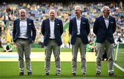 27 July 2025; Members of the 2000 All-Ireland winning Kerry football jubilee team, from left, Seamus Moynihan, Declan O'Keeffe, Mike Hassett, and Mike McCarthy, who were honoured before the GAA Football All-Ireland Senior Championship final match between Kerry and Donegal at Croke Park in Dublin. Photo by Seb Daly/Sportsfile