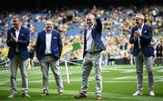 27 July 2025; Killian Burns, with teammates, from left, Maurice Fitzgerald, Denis O'Dwyer, and  Tommy Griffin of the 2000 All-Ireland winning Kerry football jubilee team who were honoured before the GAA Football All-Ireland Senior Championship final match between Kerry and Donegal at Croke Park in Dublin. Photo by Seb Daly/Sportsfile