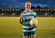 29 July 2025; Emily Corbet of Shamrock Rovers with the matchball after scoring a hat-trick in the SSE Airtricity Women's Premier Division match between Shamrock Rovers and Waterford at Tallaght Stadium in Dublin. Photo by Thomas Flinkow/Sportsfile