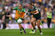27 July 2025; Emily Kavanagh, St Colman's NS, Mucklagh, Offaly, representing Kerry, and Grace McGonigle, Gaelscoil Cois Feabhaill, Moville, Donegal, during the GAA INTO Cumann na mBunscol Respect Exhibition Go Games at the GAA Football All-Ireland Senior Championship final match between Kerry and Donegal at Croke Park in Dublin. Photo by Ramsey Cardy/Sportsfile