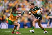 27 July 2025; Emmy Millea, St Aidan's NS, Kilmanagh, Kilkenny, representing Kerry, and Lucy Murphy, Breaffy NS, Breaffy, Mayo, representing Donegal, during the GAA INTO Cumann na mBunscol Respect Exhibition Go Games at the GAA Football All-Ireland Senior Championship final match between Kerry and Donegal at Croke Park in Dublin. Photo by Ramsey Cardy/Sportsfile