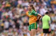 27 July 2025; Rebecca Farrell, St Patrick's NS, Castleknock, Dublin, representing Donegal, during the GAA INTO Cumann na mBunscol Respect Exhibition Go Games at the GAA Football All-Ireland Senior Championship final match between Kerry and Donegal at Croke Park in Dublin. Photo by Ramsey Cardy/Sportsfile