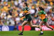 27 July 2025; Eimear Farrell, St Oliver Plunkett PS, Blackcastle, Meath, representing Kerry, and Naoise O'Brien, Rathcormac NS, Sligo, representing Donegal, during the GAA INTO Cumann na mBunscol Respect Exhibition Go Games at the GAA Football All-Ireland Senior Championship final match between Kerry and Donegal at Croke Park in Dublin. Photo by Ramsey Cardy/Sportsfile