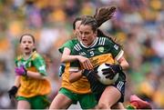 27 July 2025; Eabha Moynihan, Holy Family, Rathmore, Kerry, and Grainne Owens, St Matthew's PS, Castlewellan, Down, representing Donegal, during the GAA INTO Cumann na mBunscol Respect Exhibition Go Games at the GAA Football All-Ireland Senior Championship final match between Kerry and Donegal at Croke Park in Dublin. Photo by Ramsey Cardy/Sportsfile