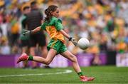 27 July 2025; Lucy Murphy, Breaffy NS, Breaffy, Mayo, representing Donegal, during the GAA INTO Cumann na mBunscol Respect Exhibition Go Games at the GAA Football All-Ireland Senior Championship final match between Kerry and Donegal at Croke Park in Dublin. Photo by Ramsey Cardy/Sportsfile