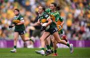 27 July 2025; Eabha Moynihan, Holy Family, Rathmore, Kerry, and Grainne Owens, St Matthew's PS, Castlewellan, Down, representing Donegal, during the GAA INTO Cumann na mBunscol Respect Exhibition Go Games at the GAA Football All-Ireland Senior Championship final match between Kerry and Donegal at Croke Park in Dublin. Photo by Ramsey Cardy/Sportsfile