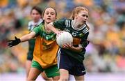 27 July 2025; Bailee Bolton, St Fiacc's NS, Graiguecullen, Laois, representing Kerry, and Grace McGonigle, Gaelscoil Cois Feabhaill, Moville, Donegal, during the GAA INTO Cumann na mBunscol Respect Exhibition Go Games at the GAA Football All-Ireland Senior Championship final match between Kerry and Donegal at Croke Park in Dublin. Photo by Ramsey Cardy/Sportsfile