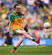27 July 2025; Teegan Fahy, Clonberne NS, Clonberne, Galway, representing Donegal, during the GAA INTO Cumann na mBunscol Respect Exhibition Go Games at the GAA Football All-Ireland Senior Championship final match between Kerry and Donegal at Croke Park in Dublin. Photo by Ramsey Cardy/Sportsfile *** NO REPRODUCTION FEE ***
