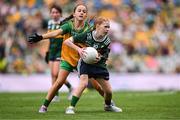 27 July 2025; Bailee Bolton, St Fiacc's NS, Graiguecullen, Laois, representing Kerry, and Grace McGonigle, Gaelscoil Cois Feabhaill, Moville, Donegal, during the GAA INTO Cumann na mBunscol Respect Exhibition Go Games at the GAA Football All-Ireland Senior Championship final match between Kerry and Donegal at Croke Park in Dublin. Photo by Ramsey Cardy/Sportsfile