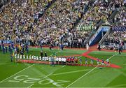 27 July 2025; Players and match officials shake hands before the GAA Football All-Ireland Senior Championship final match between Kerry and Donegal at Croke Park in Dublin. Photo by Piaras Ó Mídheach/Sportsfile