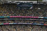 27 July 2025; The name of the late Colm Mulholland is shown on the big screen during a minute's silence before the GAA Football All-Ireland Senior Championship final match between Kerry and Donegal at Croke Park in Dublin. Photo by Piaras Ó Mídheach/Sportsfile Photo by Piaras Ó Mídheach/Sportsfile