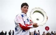 30 July 2025; Jockey Danny Gilligan with the Galway Plate after winning the Tote Galway Plate on Western Fold during day three of the Galway Races Summer Festival at Ballybrit Racecourse in Galway. Photo by Seb Daly/Sportsfile