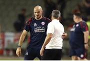 30 July 2025; Shelbourne head coach Joey O'Brien, left, and Qarabag manager Gurban Gurbanov after the UEFA Champions League Second Qualifying Round second leg match between Qarabag FK and Shelbourne at Tofiq Bahramov Republican Stadium in Baku, Azerbaijan. Photo by Aziz Karimov/Sportsfile