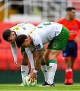 19 July 2025; Cork City team-mates Evan McLaughlin and Charlie Lutz, right, both prepare to take a penalty kick during the Sports Direct Men’s FAI Cup second round match between Cork City and Leicester Celtic at Turner’s Cross in Cork. Photo by Stephen McCarthy/Sportsfile