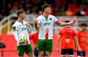 19 July 2025; Cork City team-mates Evan McLaughlin and Charlie Lutz, right, look for a signal as to who should take a penalty kick during the Sports Direct Men’s FAI Cup second round match between Cork City and Leicester Celtic at Turner’s Cross in Cork. Photo by Stephen McCarthy/Sportsfile
