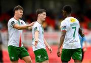 19 July 2025; Kitt Nelson is congratulated by Cork City team-mates Charlie Lutz, left, and Malik Dijksteel, right, after scoring their side's second goal during the Sports Direct Men’s FAI Cup second round match between Cork City and Leicester Celtic at Turner’s Cross in Cork. Photo by Stephen McCarthy/Sportsfile
