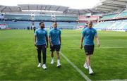 31 July 2025; St Patrick's Athletic players, from left, Jake Mulraney, Jamie Lennon and Tom Grivosti before the UEFA Conference League Second Qualifying Round second leg match between Nõmme Kalju FC and St Patrick's Athletic at Lilleküla Stadium in Tallinn, Estonia. Photo by Evaldas Semiotas/Sportsfile